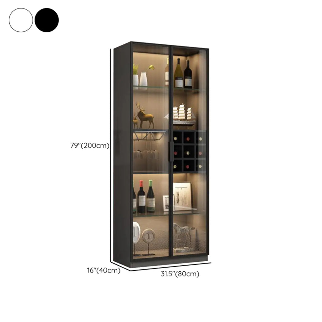 Lighting Black Wooden Floor Wine Cabinet with Glass Doors