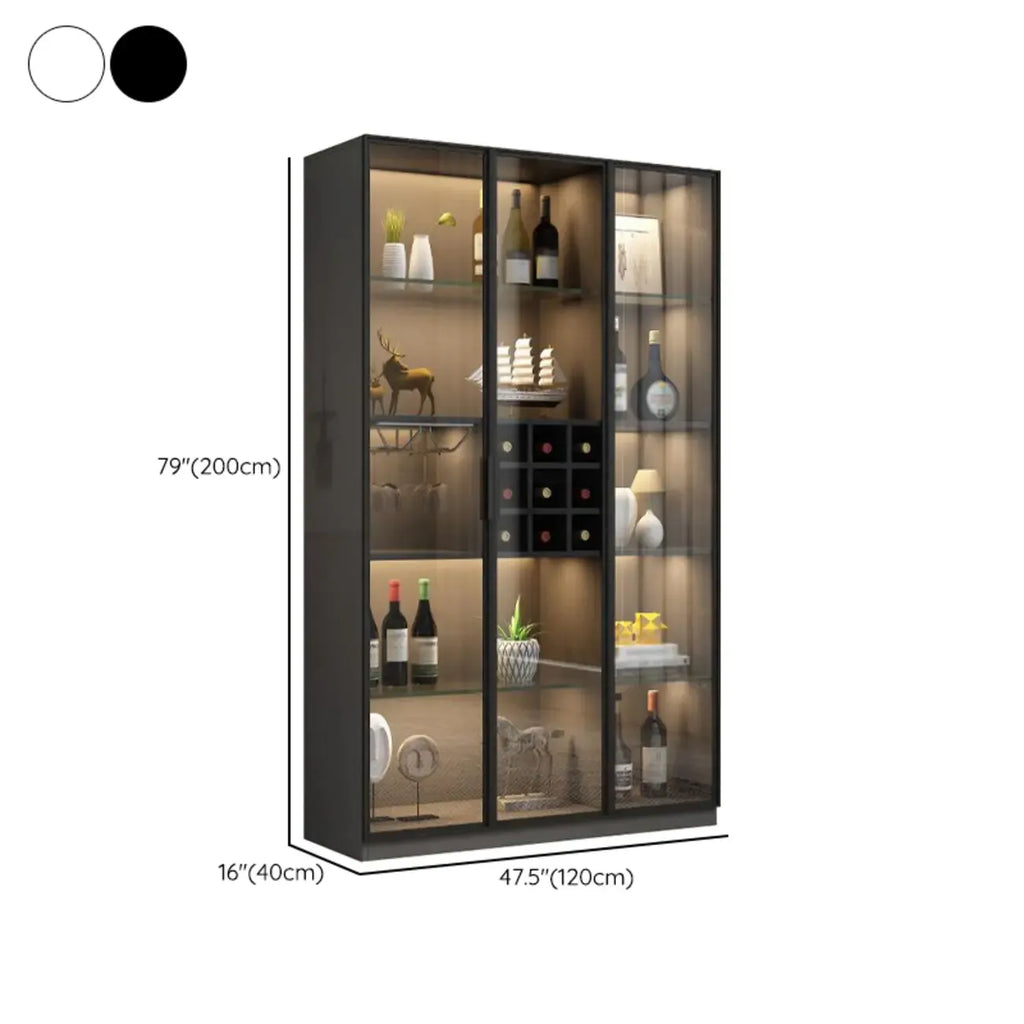 Lighting Black Wooden Floor Wine Cabinet with Glass Doors