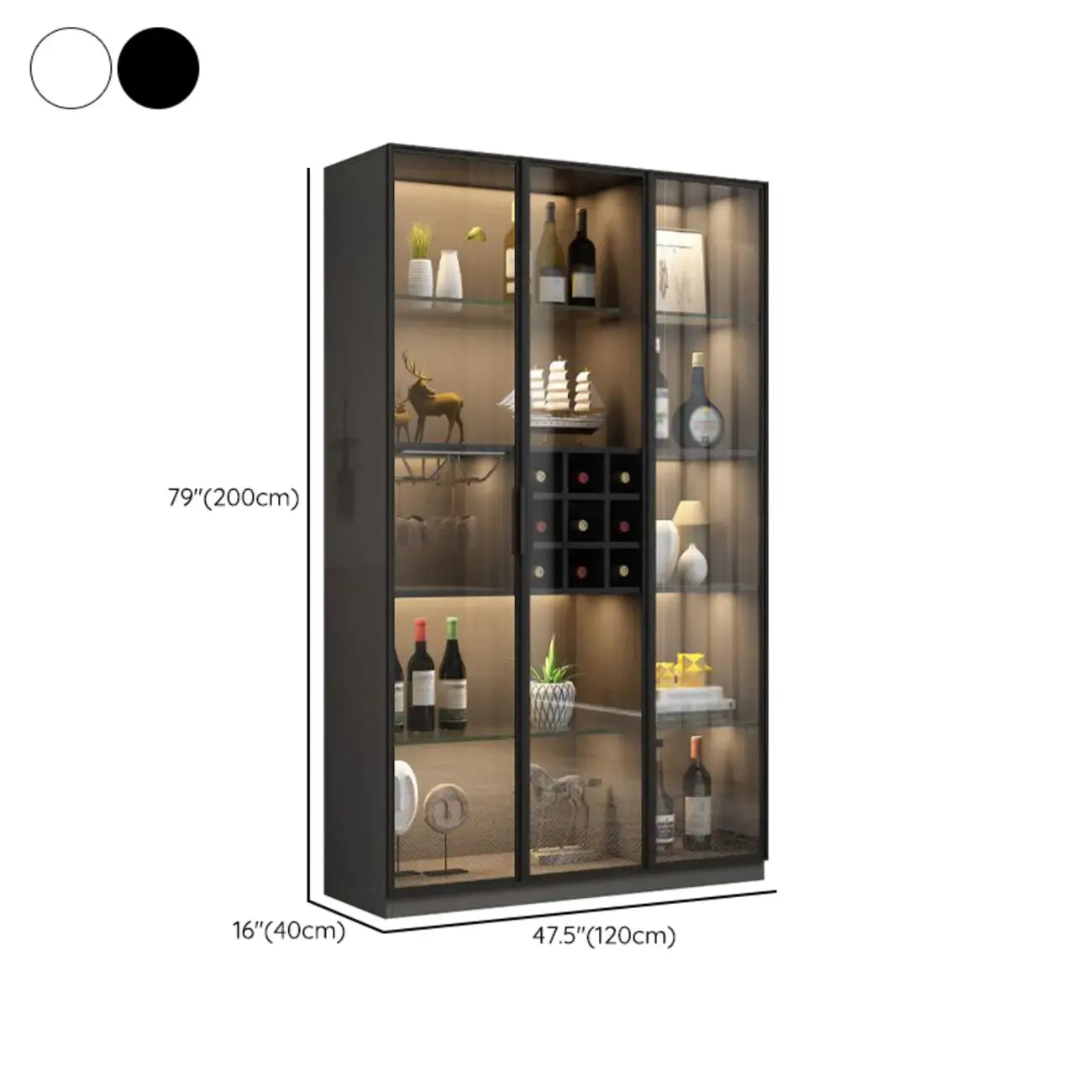 Lighting Black Wooden Floor Wine Cabinet with Glass Doors