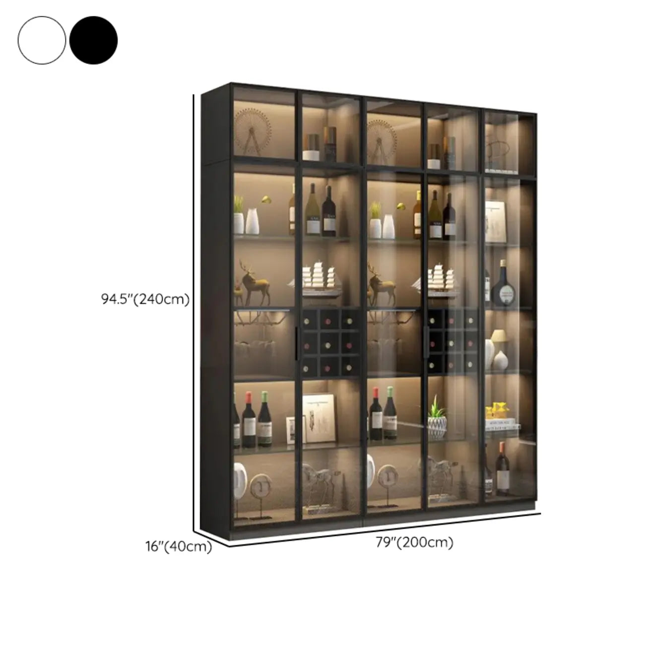 Lighting Black Wooden Floor Wine Cabinet with Glass Doors
