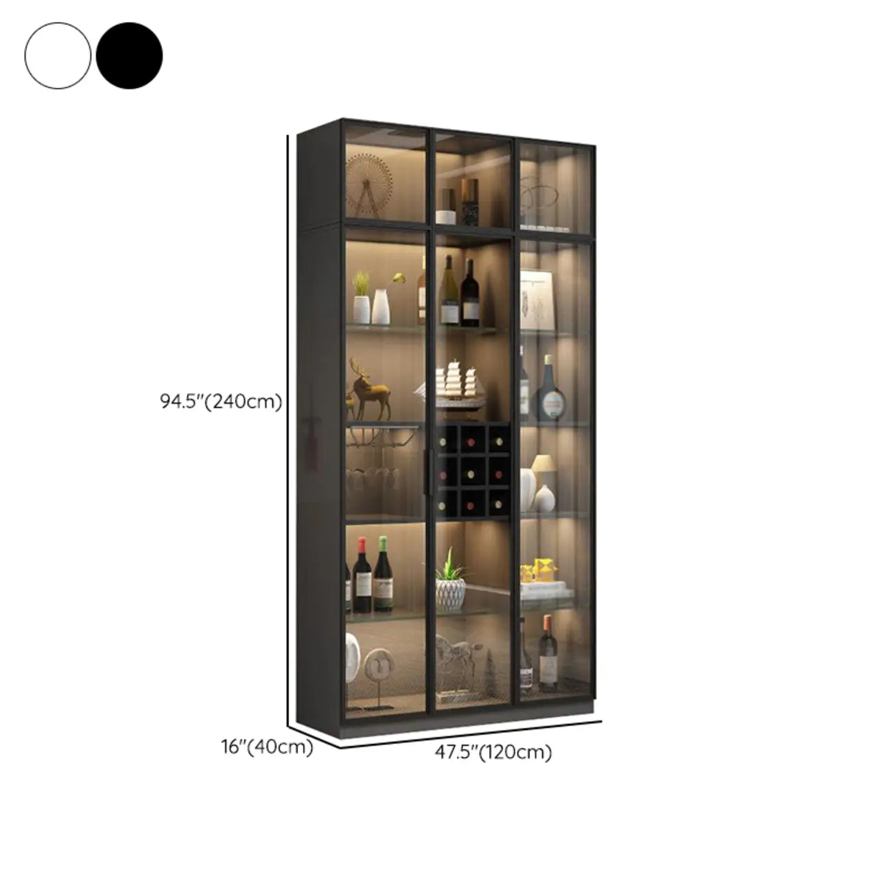 Lighting Black Wooden Floor Wine Cabinet with Glass Doors
