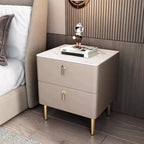 Modern Stone Top Gold Accents Leather 2 Drawer Nightstand