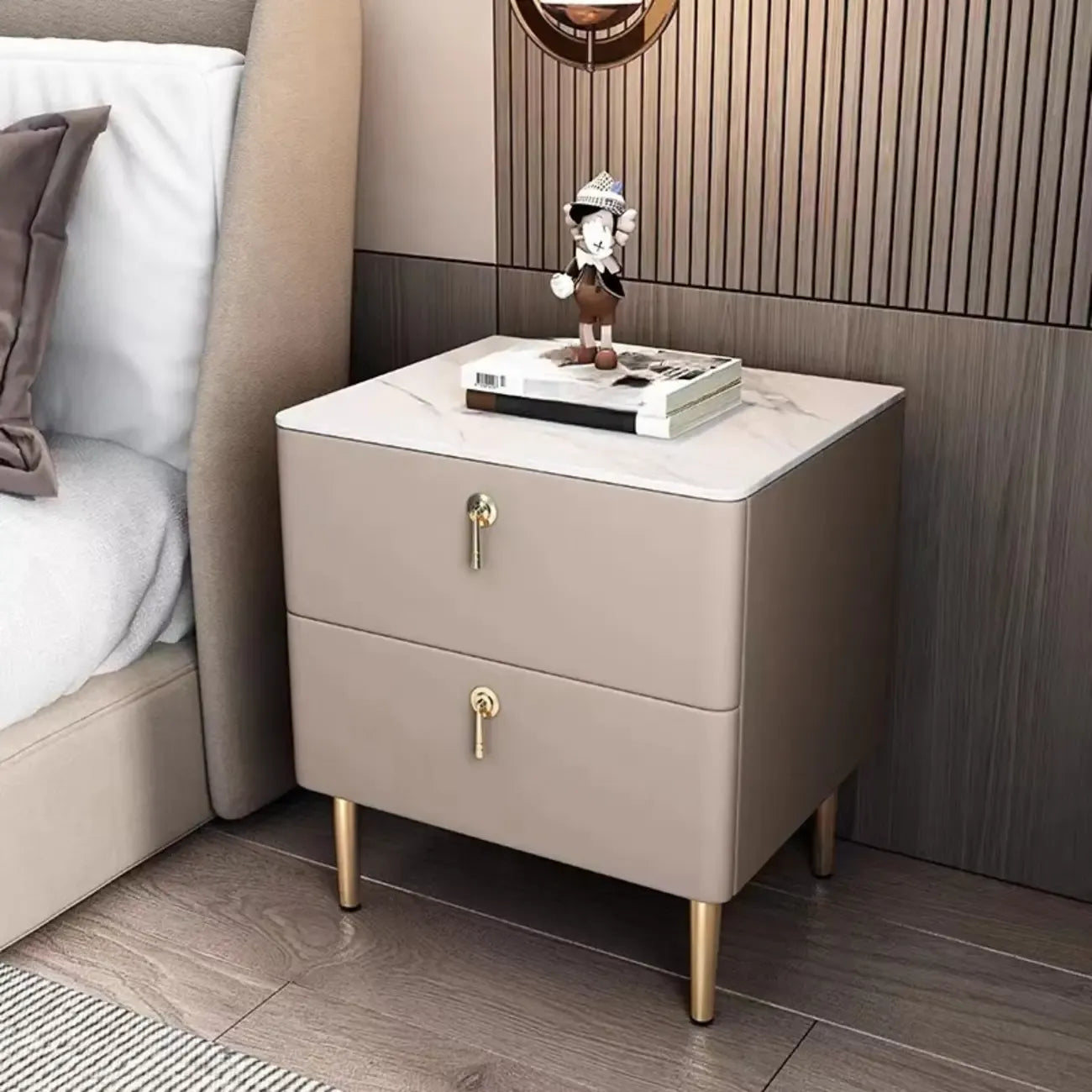 Modern Stone Top Gold Accents Leather 2 Drawer Nightstand