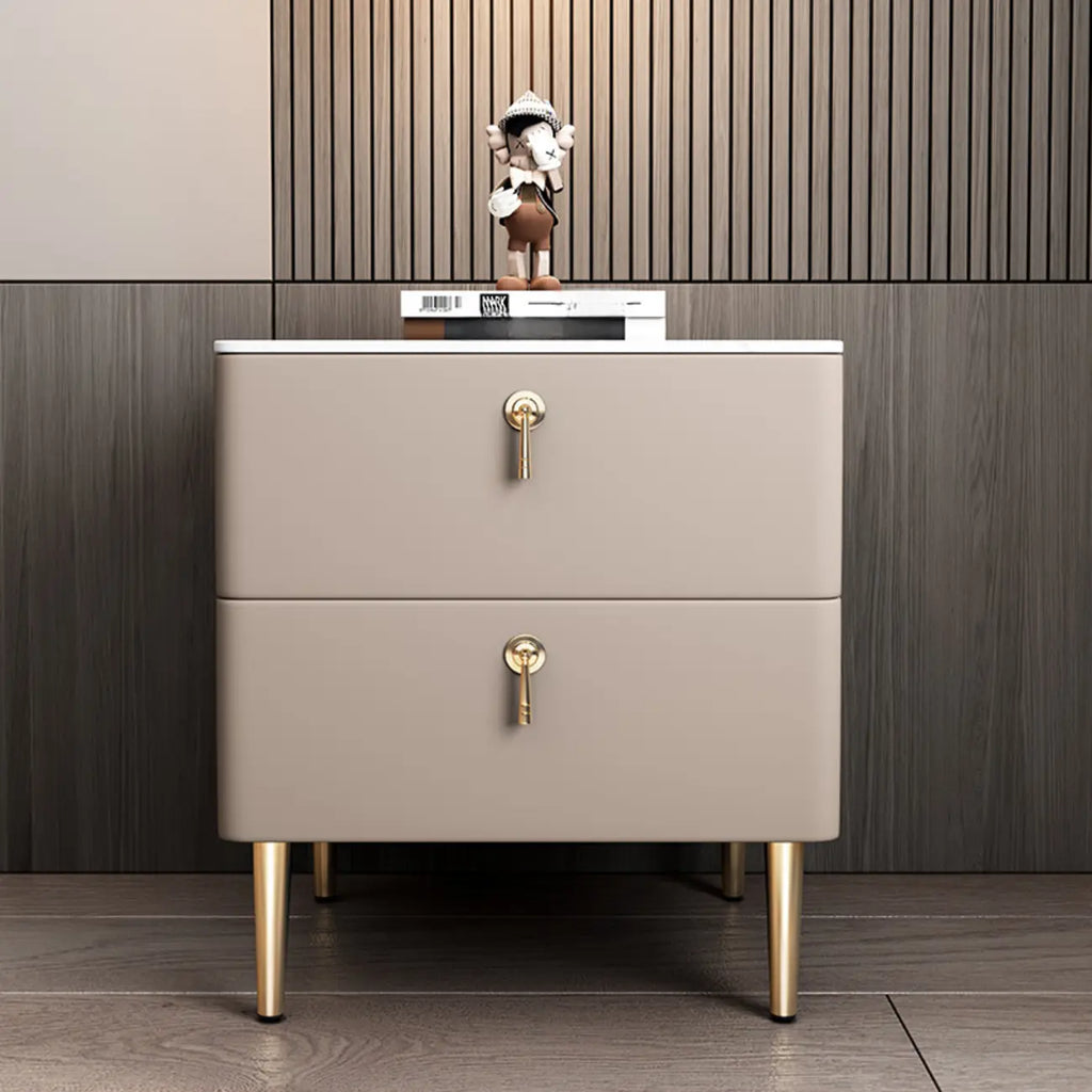 Modern Stone Top Gold Accents Leather 2 Drawer Nightstand