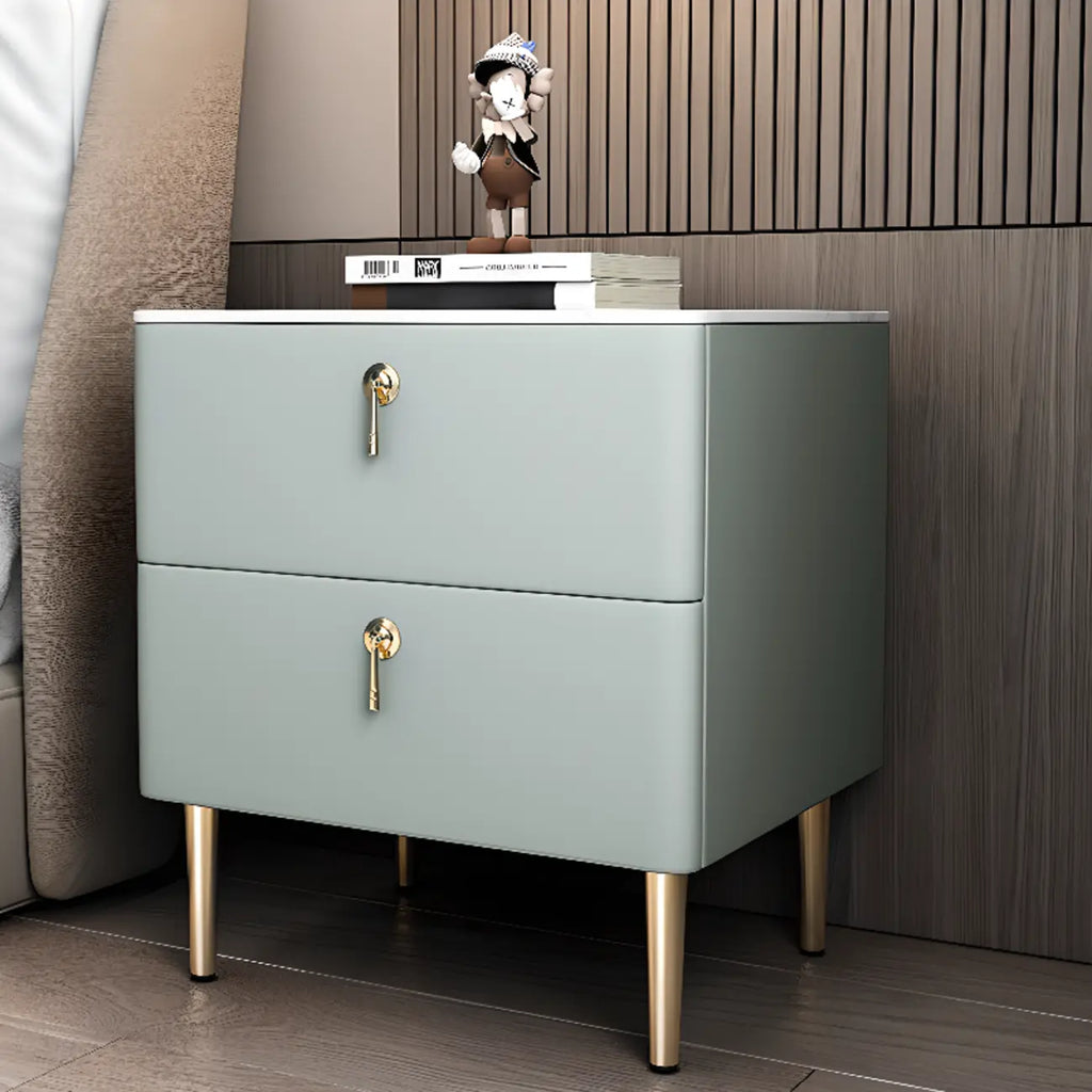 Modern Stone Top Gold Accents Leather 2 Drawer Nightstand