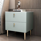 Modern Stone Top Gold Accents Leather 2 Drawer Nightstand