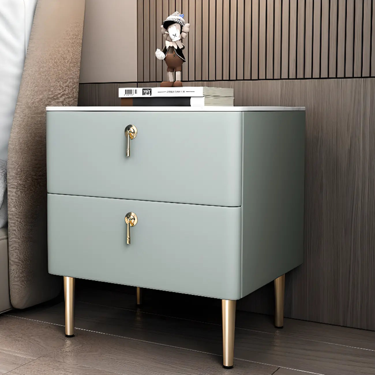 Modern Stone Top Gold Accents Leather 2 Drawer Nightstand