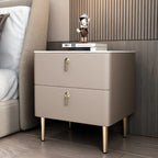 Modern Stone Top Gold Accents Leather 2 Drawer Nightstand