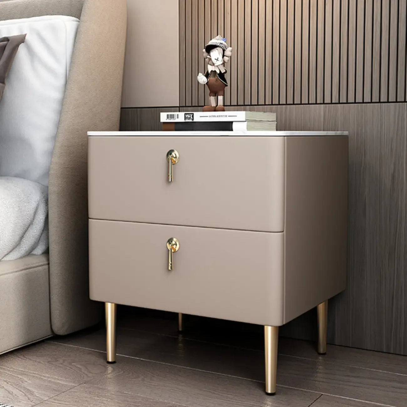 Modern Stone Top Gold Accents Leather 2 Drawer Nightstand
