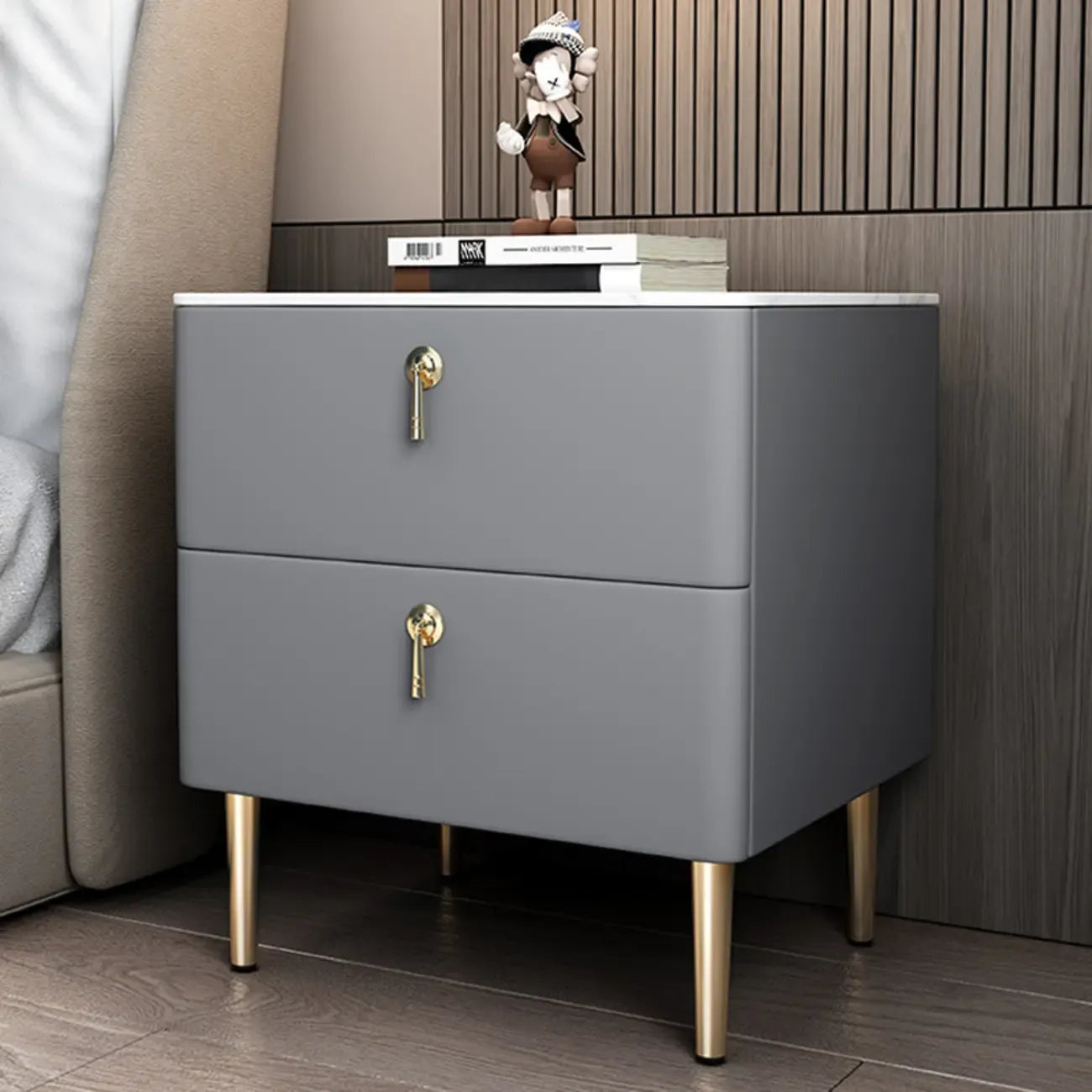 Modern Stone Top Gold Accents Leather 2 Drawer Nightstand