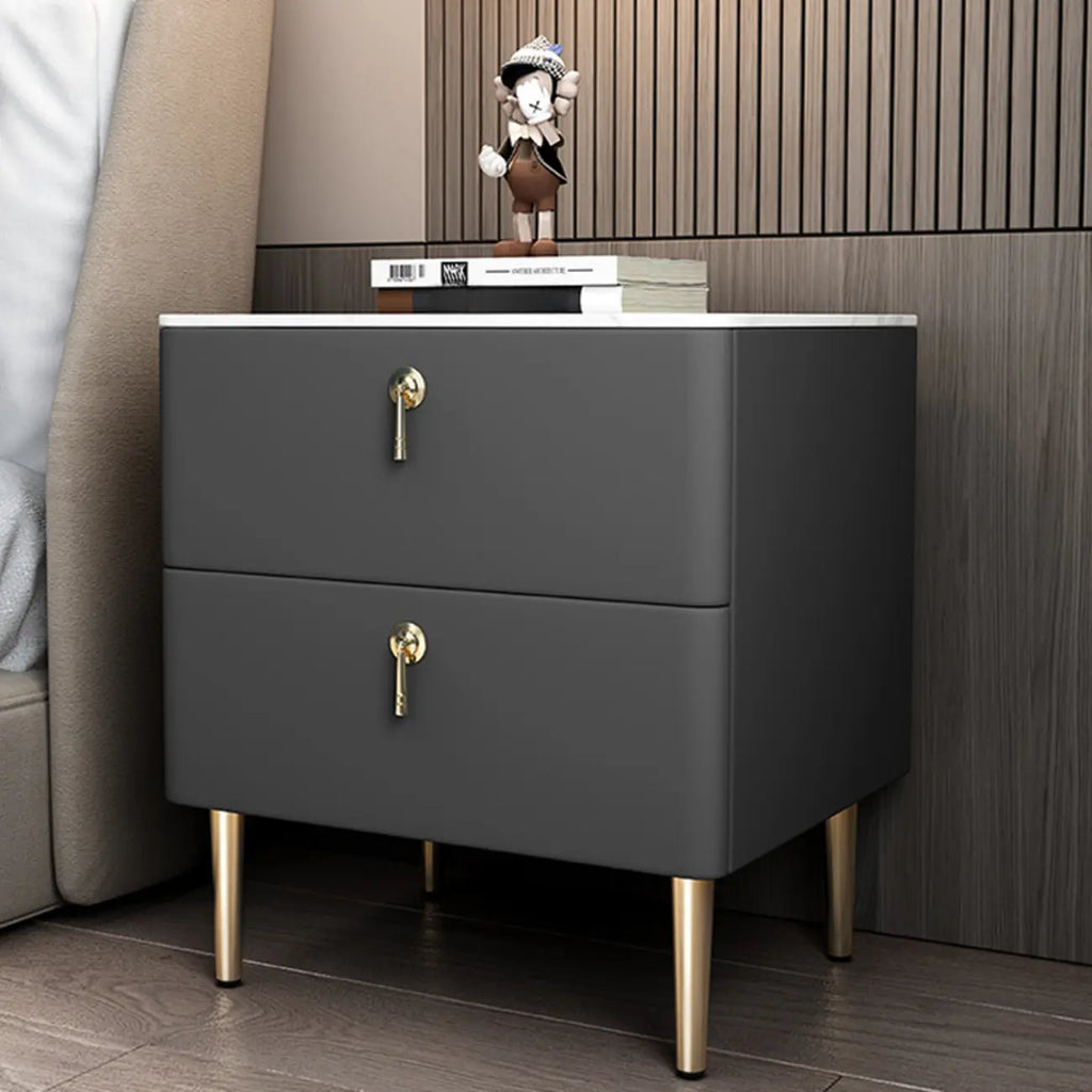 Modern Stone Top Gold Accents Leather 2 Drawer Nightstand