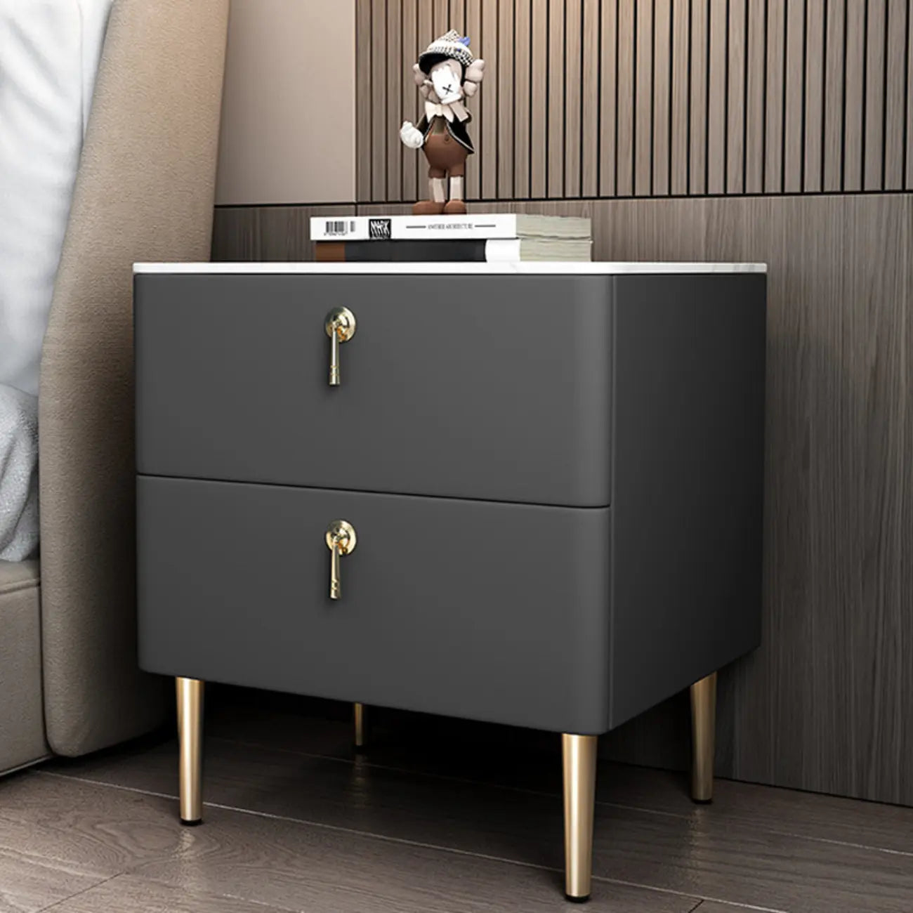 Modern Stone Top Gold Accents Leather 2 Drawer Nightstand