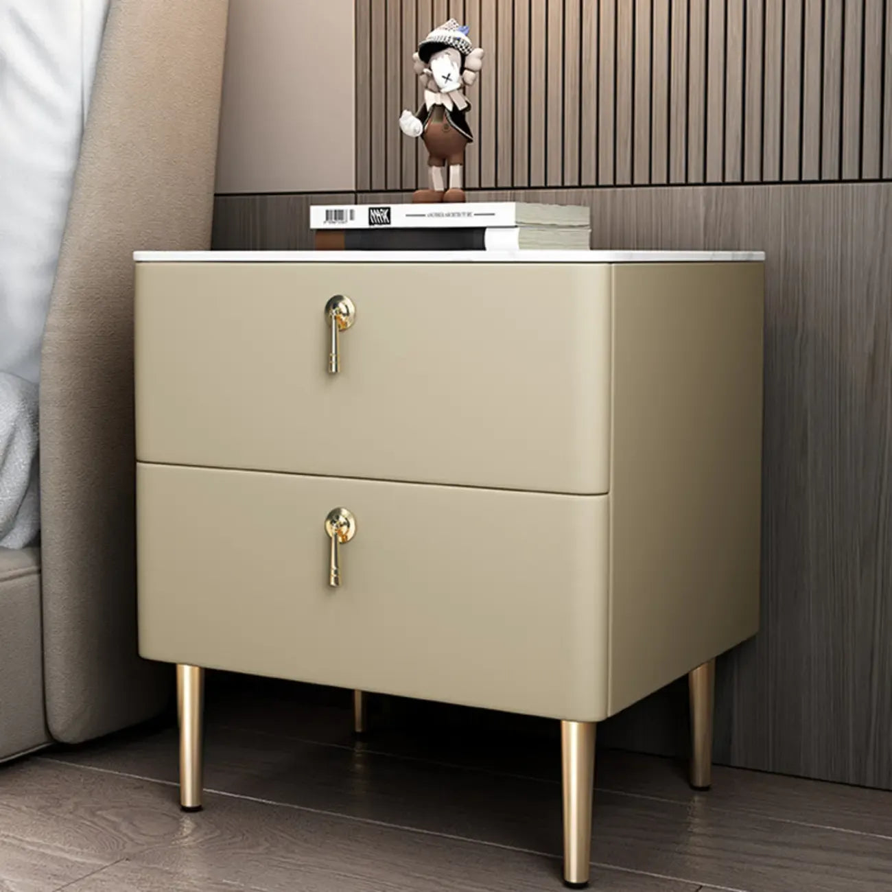Modern Stone Top Gold Accents Leather 2 Drawer Nightstand