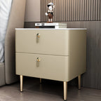 Modern Stone Top Gold Accents Leather 2 Drawer Nightstand