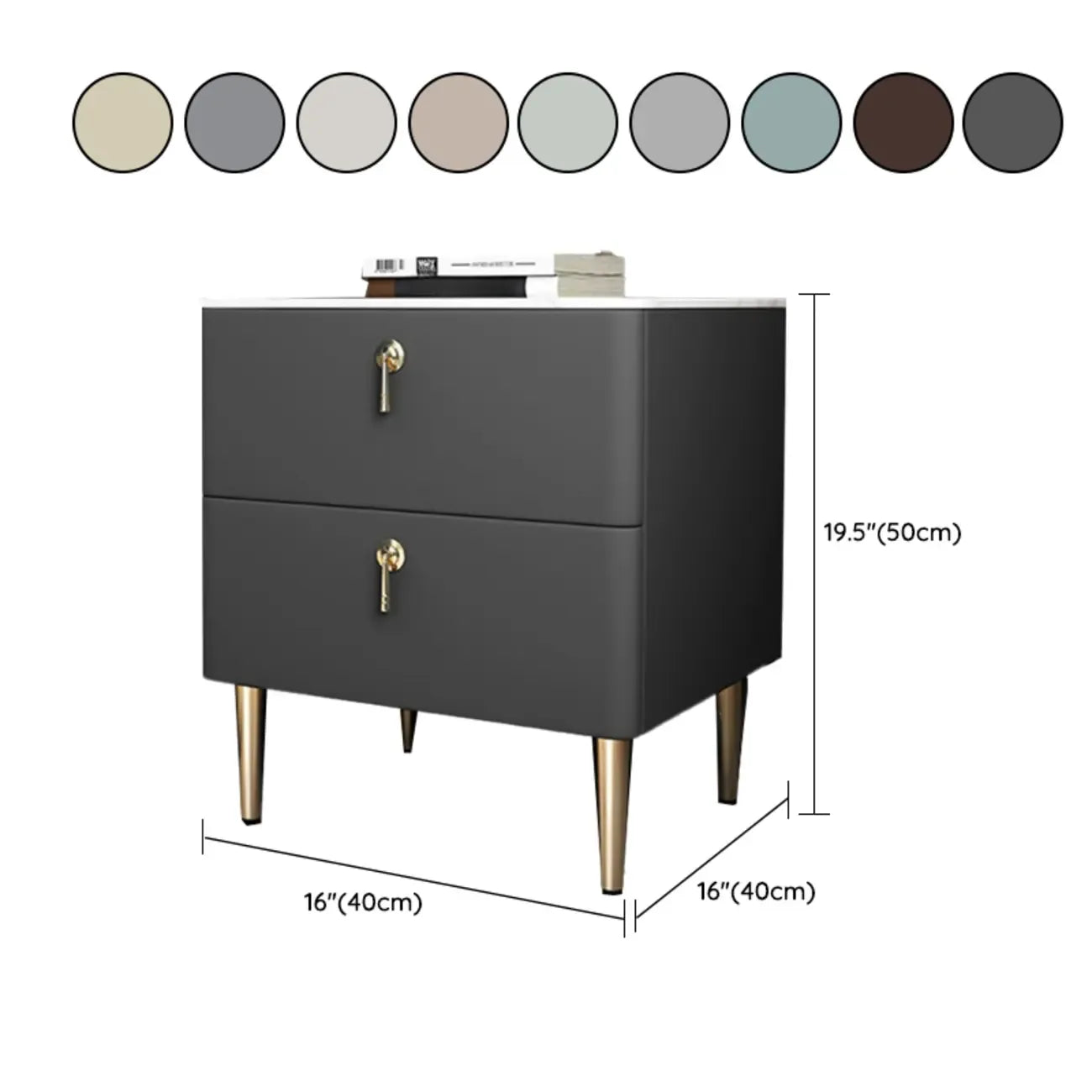 Modern Stone Top Gold Accents Leather 2 Drawer Nightstand