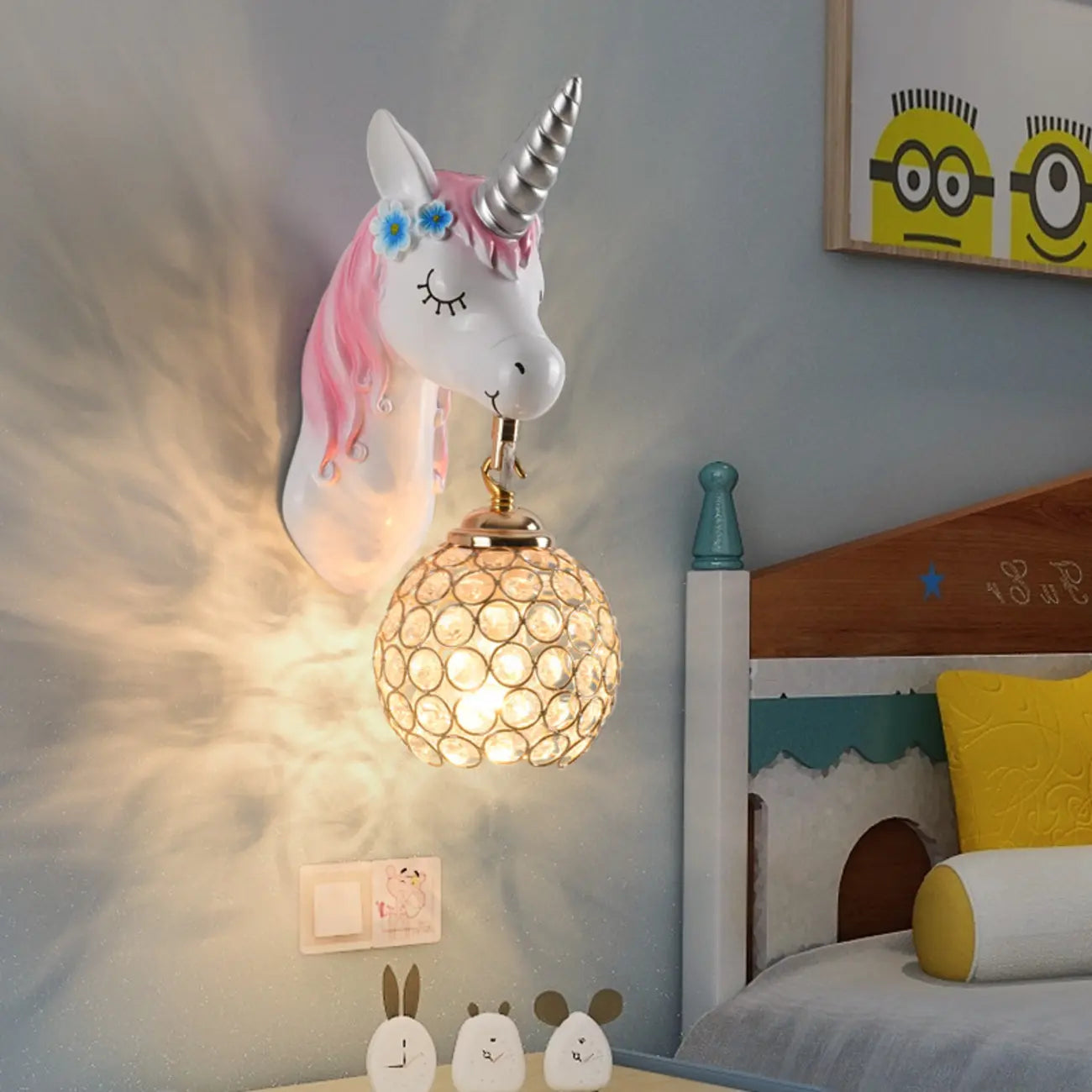 Kids Unicorn Wall Sconce with Crystal Globe for Bedroom