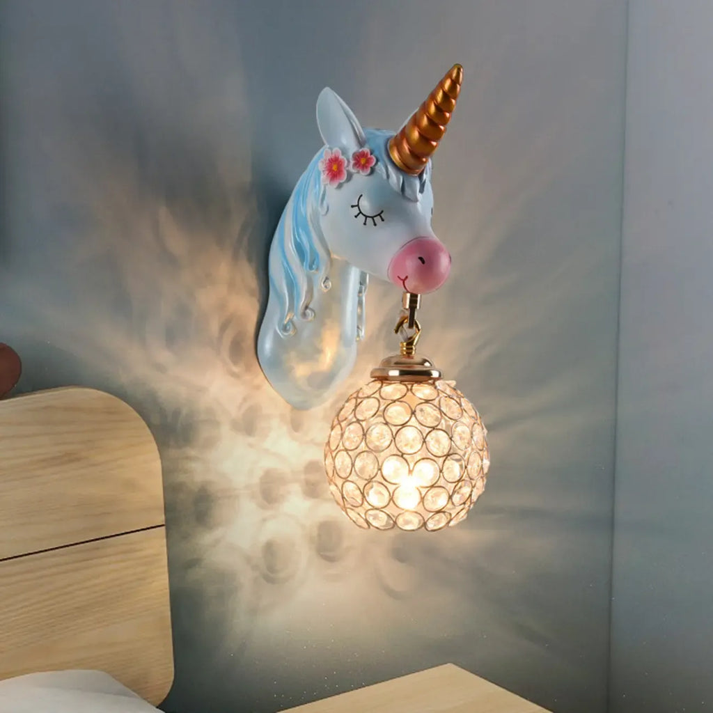 Kids Unicorn Wall Sconce with Crystal Globe for Bedroom