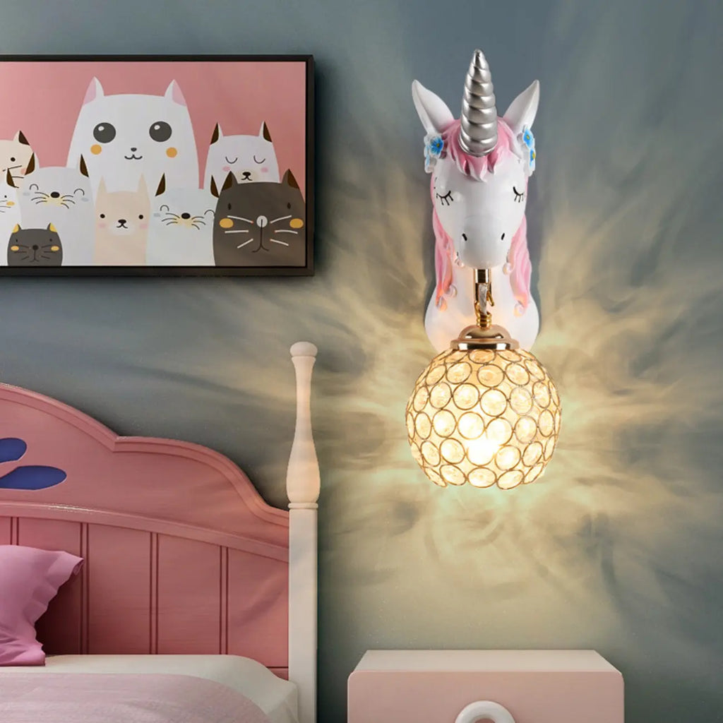 Kids Unicorn Wall Sconce with Crystal Globe for Bedroom