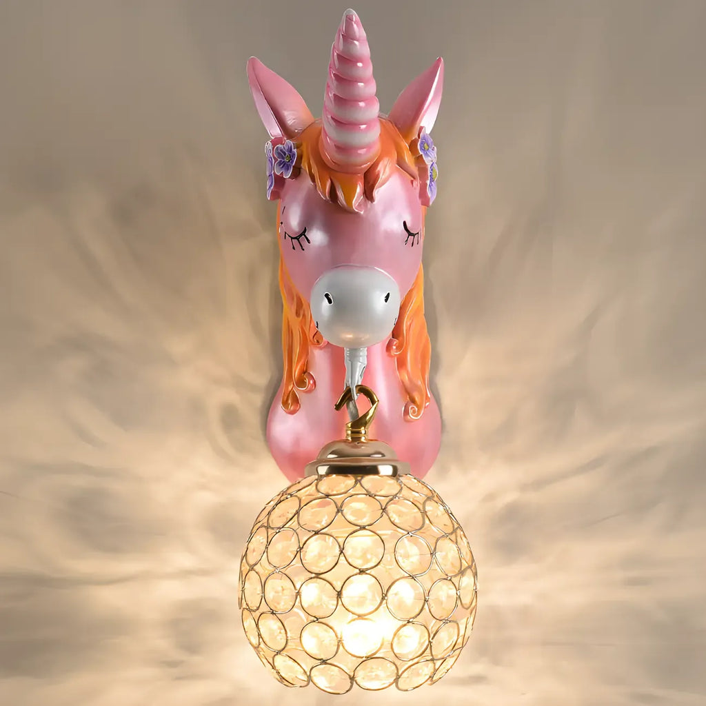 Kids Unicorn Wall Sconce with Crystal Globe for Bedroom