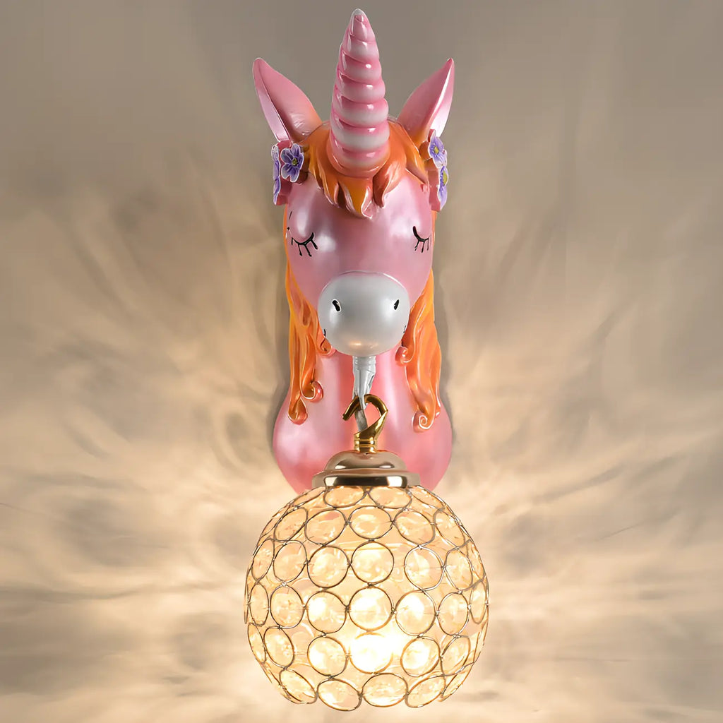 Kids Unicorn Wall Sconce with Crystal Globe for Bedroom