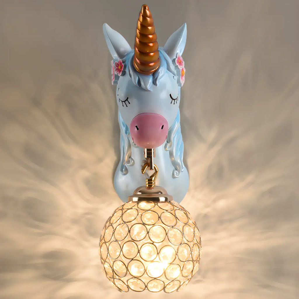 Kids Unicorn Wall Sconce with Crystal Globe for Bedroom