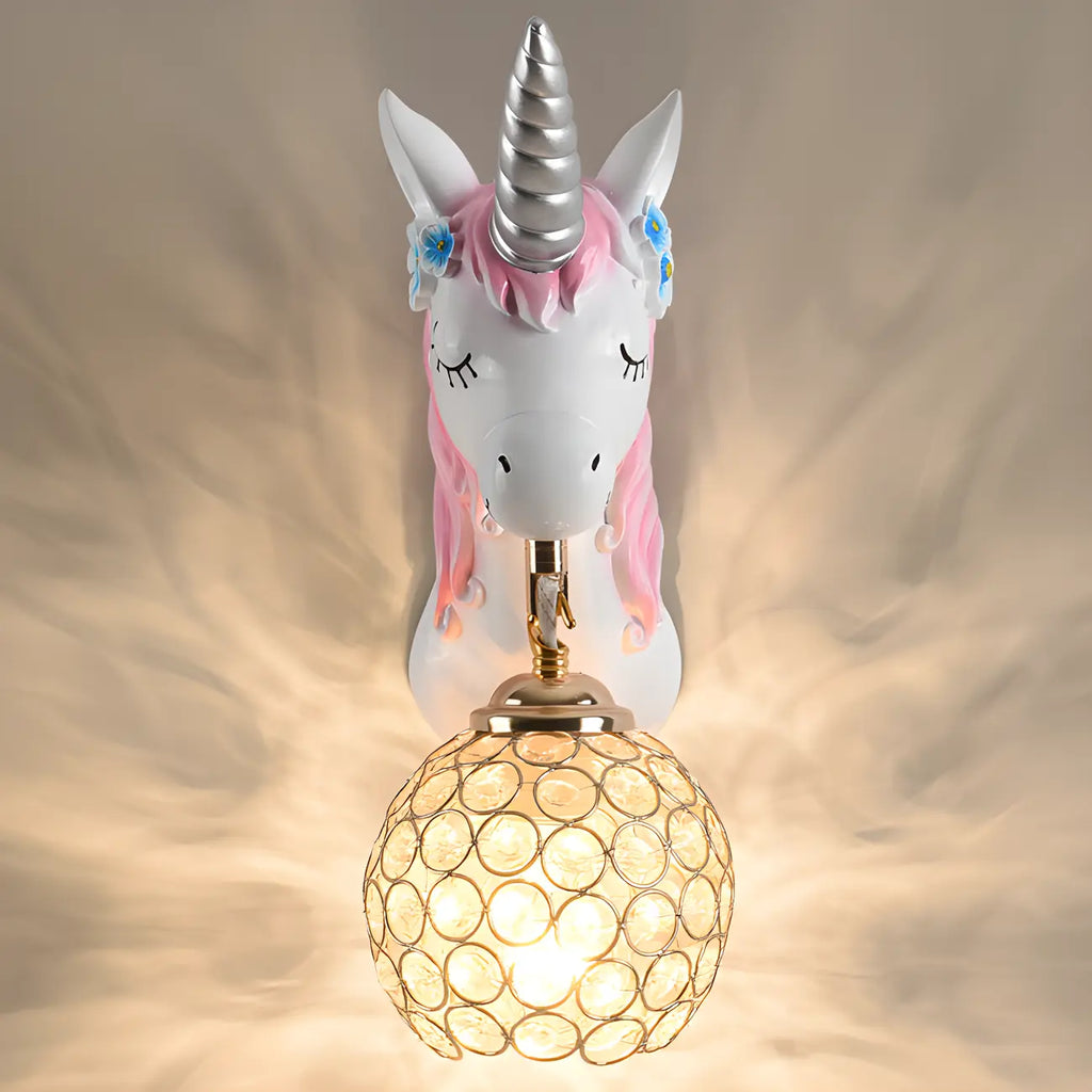 Kids Unicorn Wall Sconce with Crystal Globe for Bedroom
