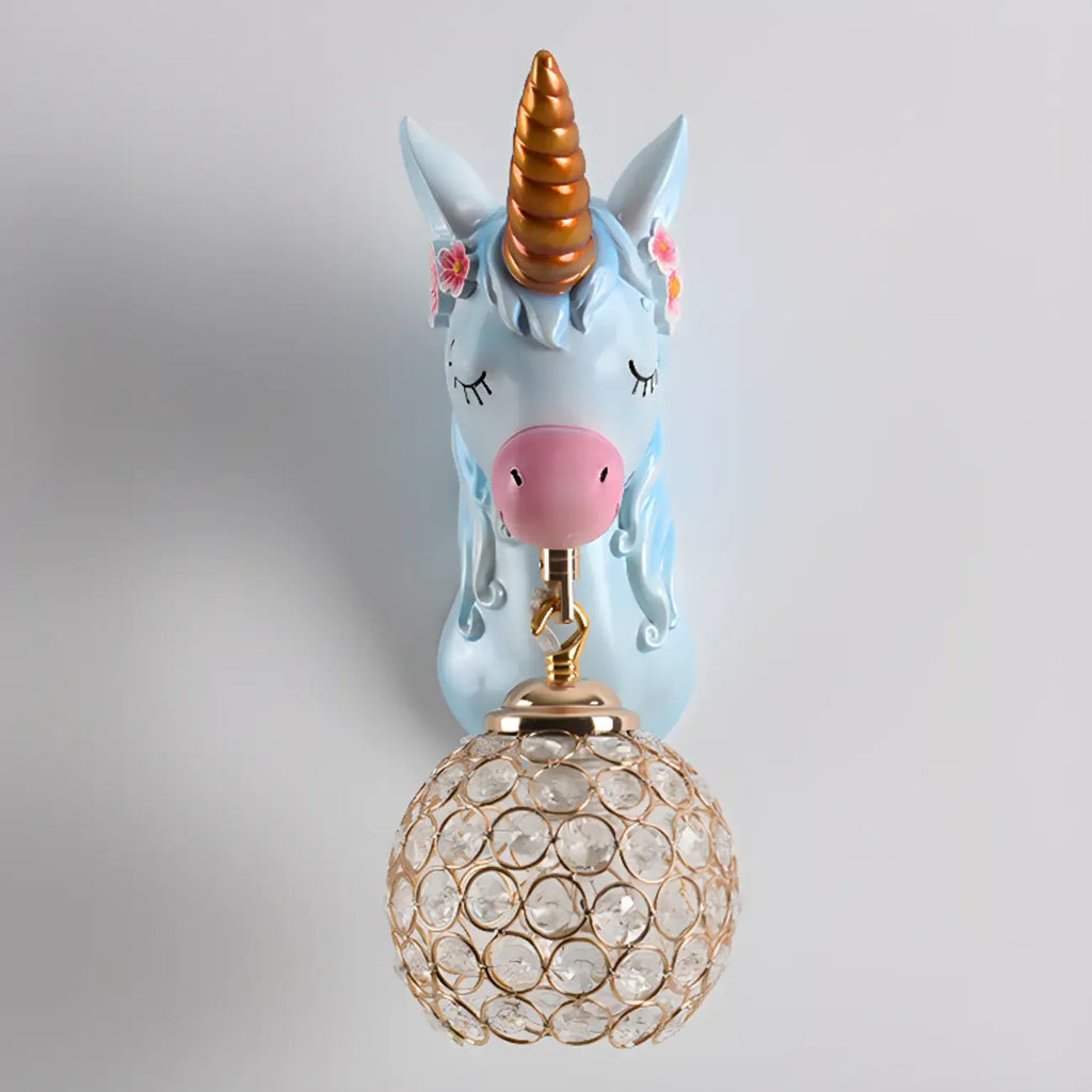 Kids Unicorn Wall Sconce with Crystal Globe for Bedroom