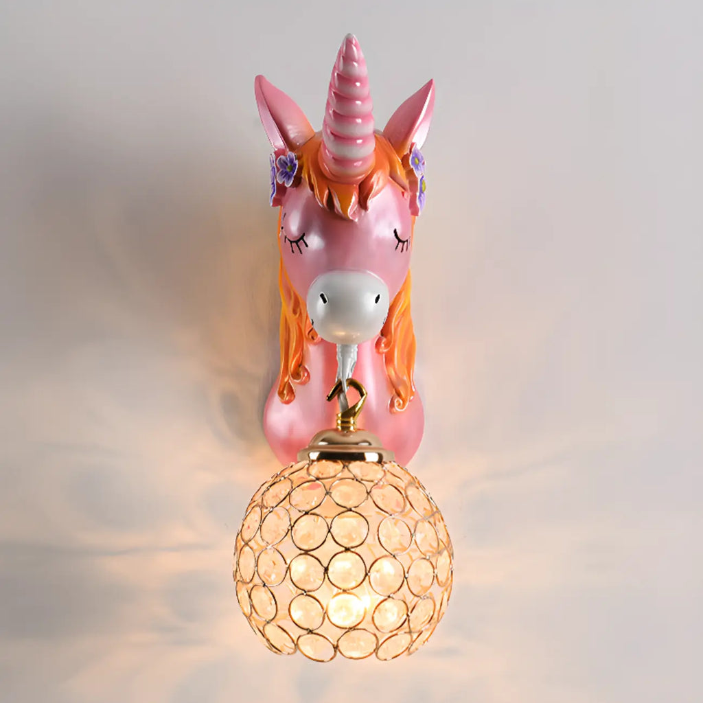 Kids Unicorn Wall Sconce with Crystal Globe for Bedroom