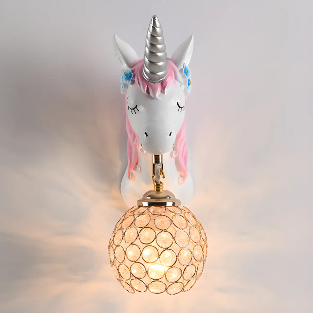 Kids Unicorn Wall Sconce with Crystal Globe for Bedroom
