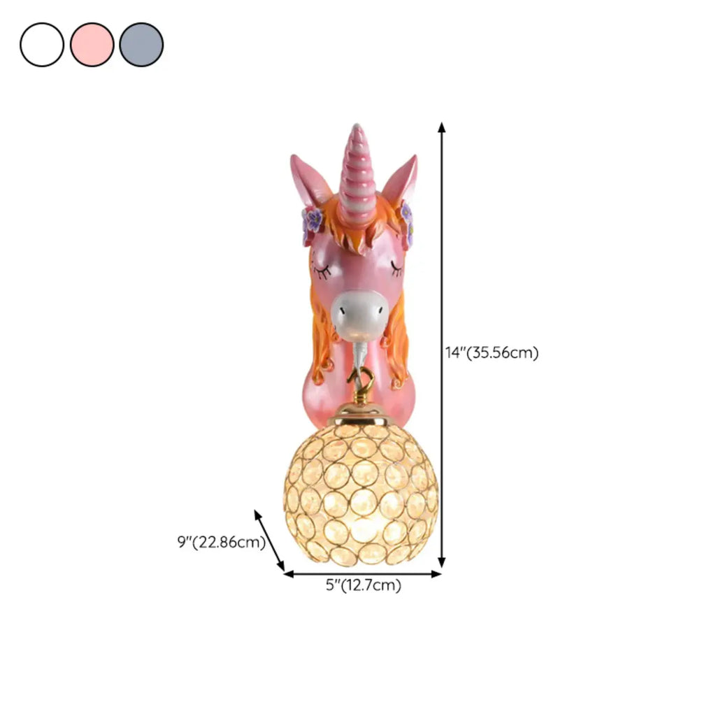 Kids Unicorn Wall Sconce with Crystal Globe for Bedroom
