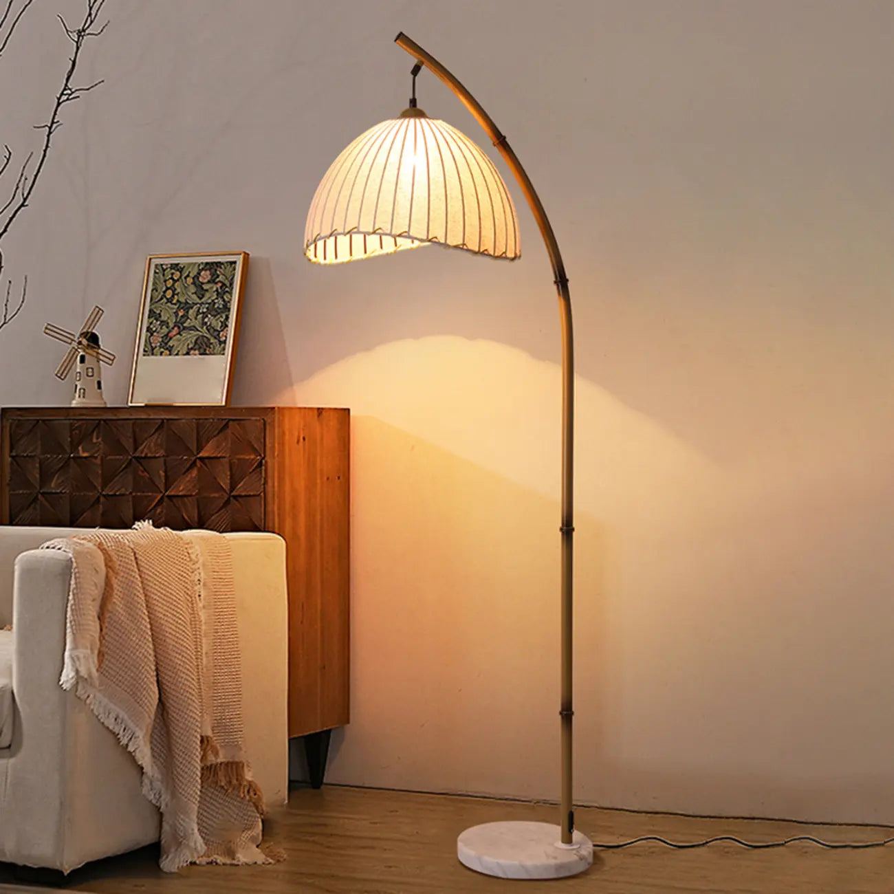 Modern Fabric Dome Metal Arc Floor Lamp Plug-In for Living Room
