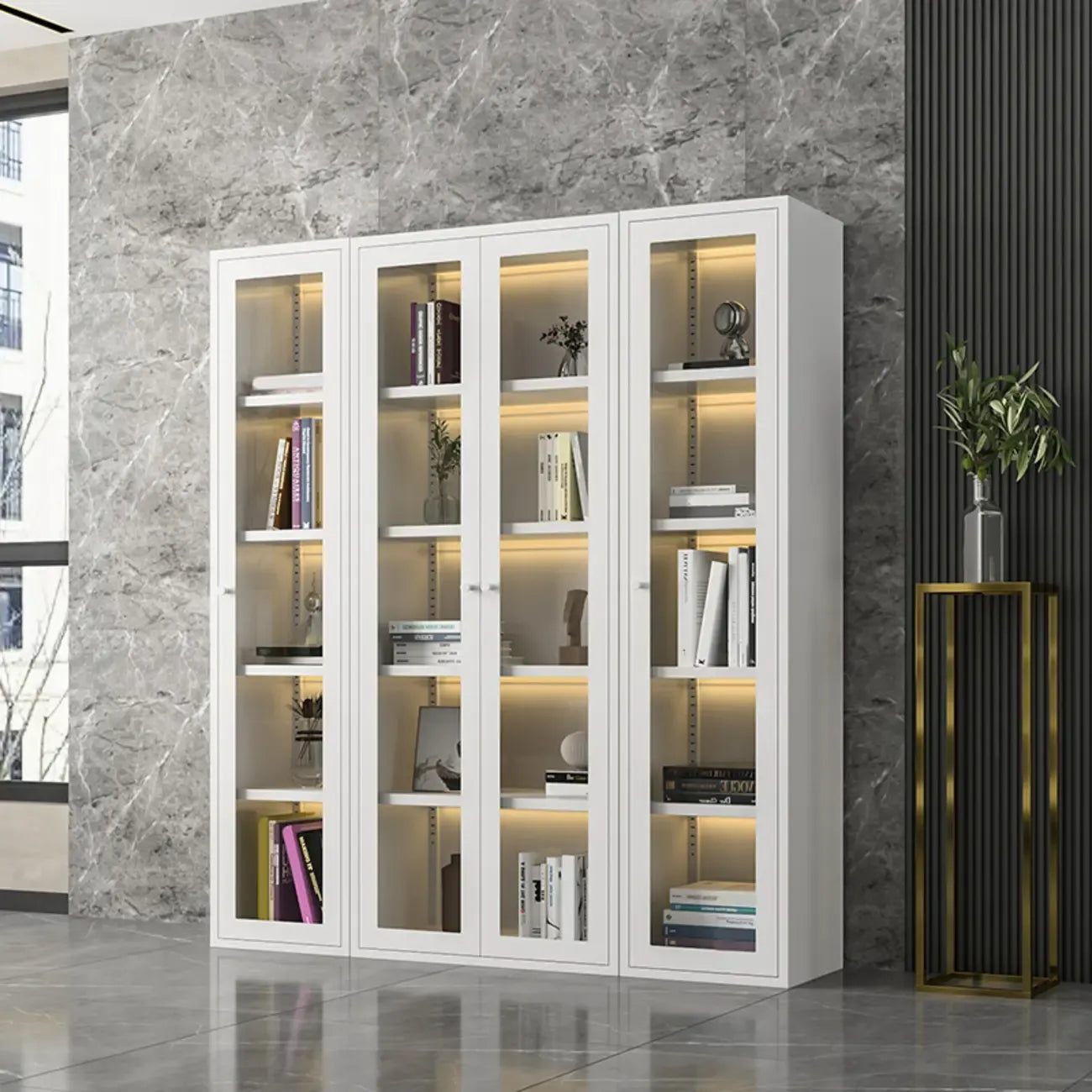Modern Steel Glass Adjustable Shelves Display Storage Cabinet