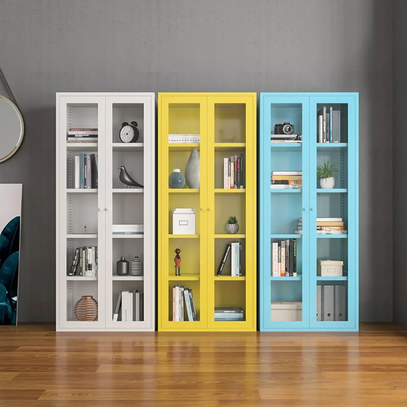Modern Steel Glass Adjustable Shelves Display Storage Cabinet