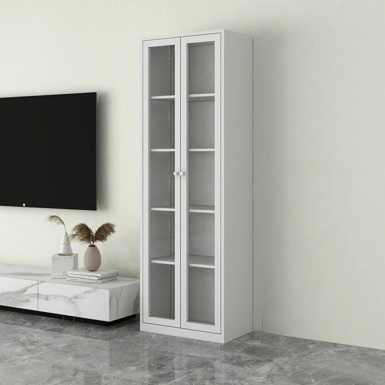 Modern Steel Glass Adjustable Shelves Display Storage Cabinet