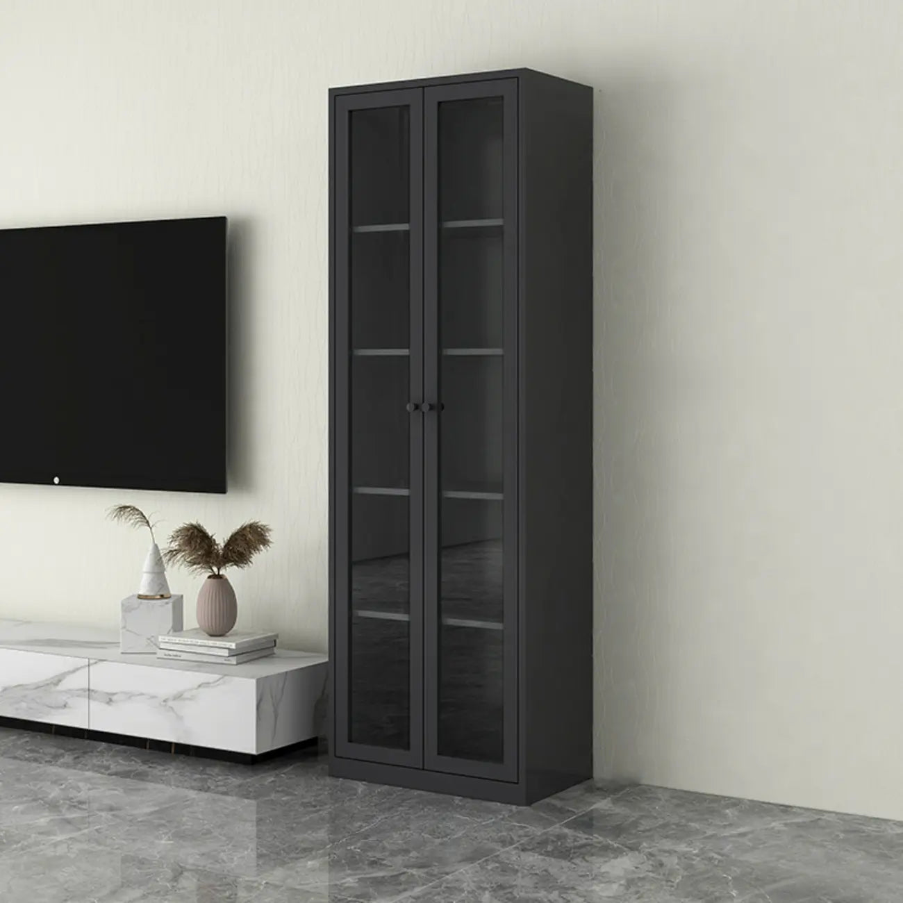 Modern Steel Glass Adjustable Shelves Display Storage Cabinet