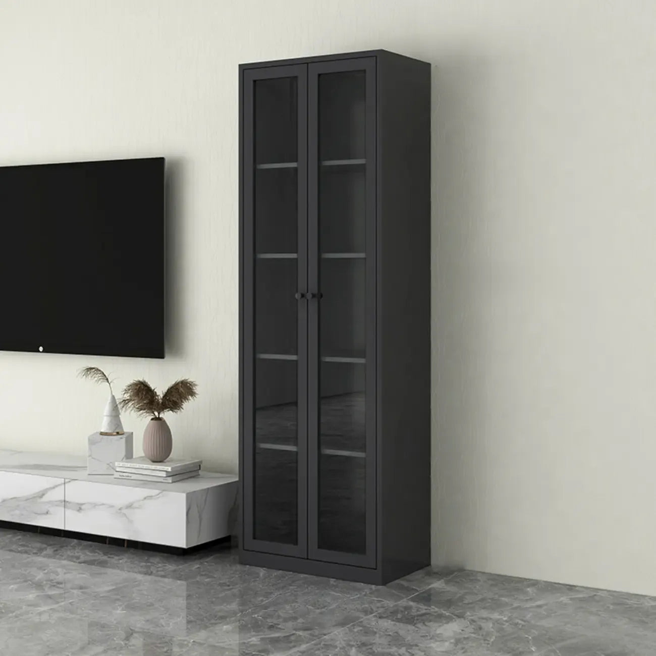 Modern Steel Glass Adjustable Shelves Display Storage Cabinet