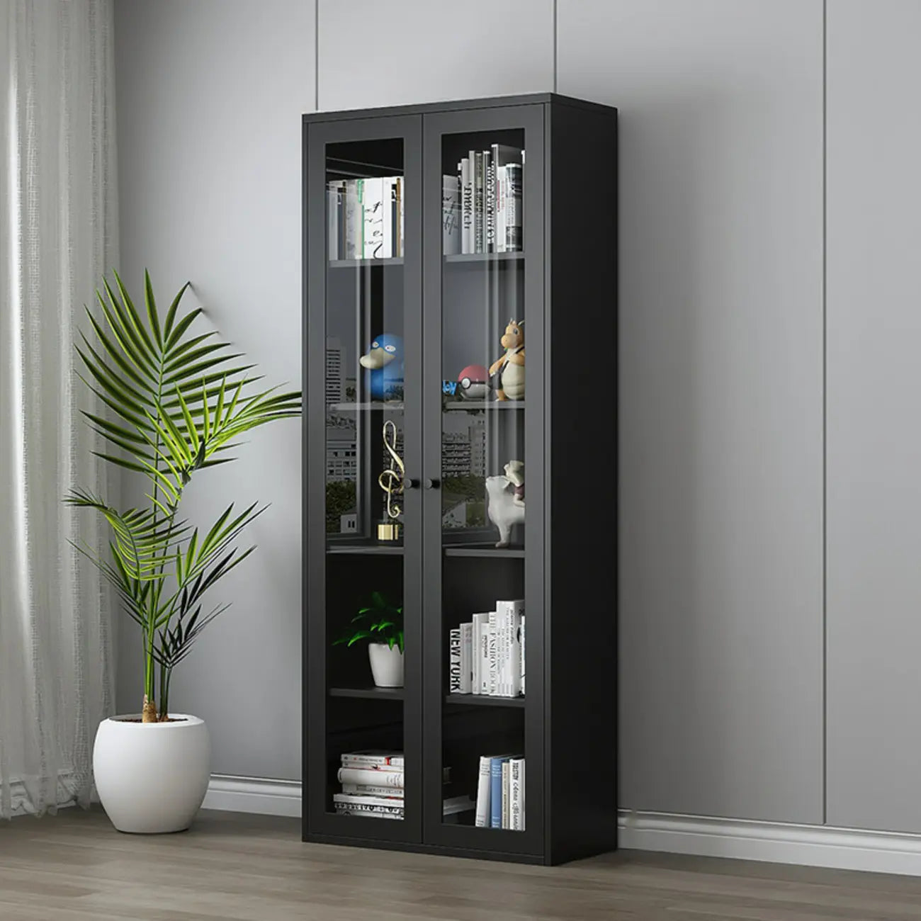 Modern Steel Glass Adjustable Shelves Display Storage Cabinet