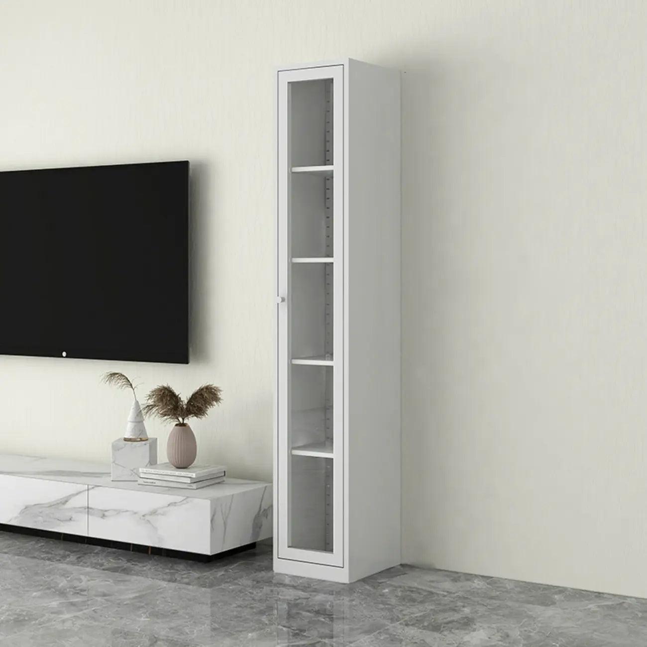 Modern Steel Glass Adjustable Shelves Display Storage Cabinet