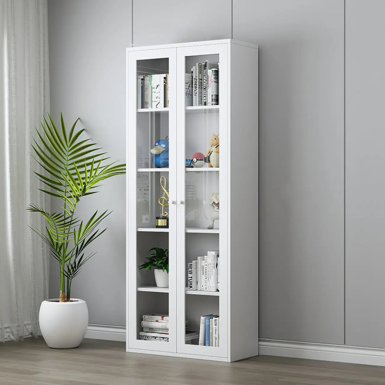 Modern Steel Glass Adjustable Shelves Display Storage Cabinet