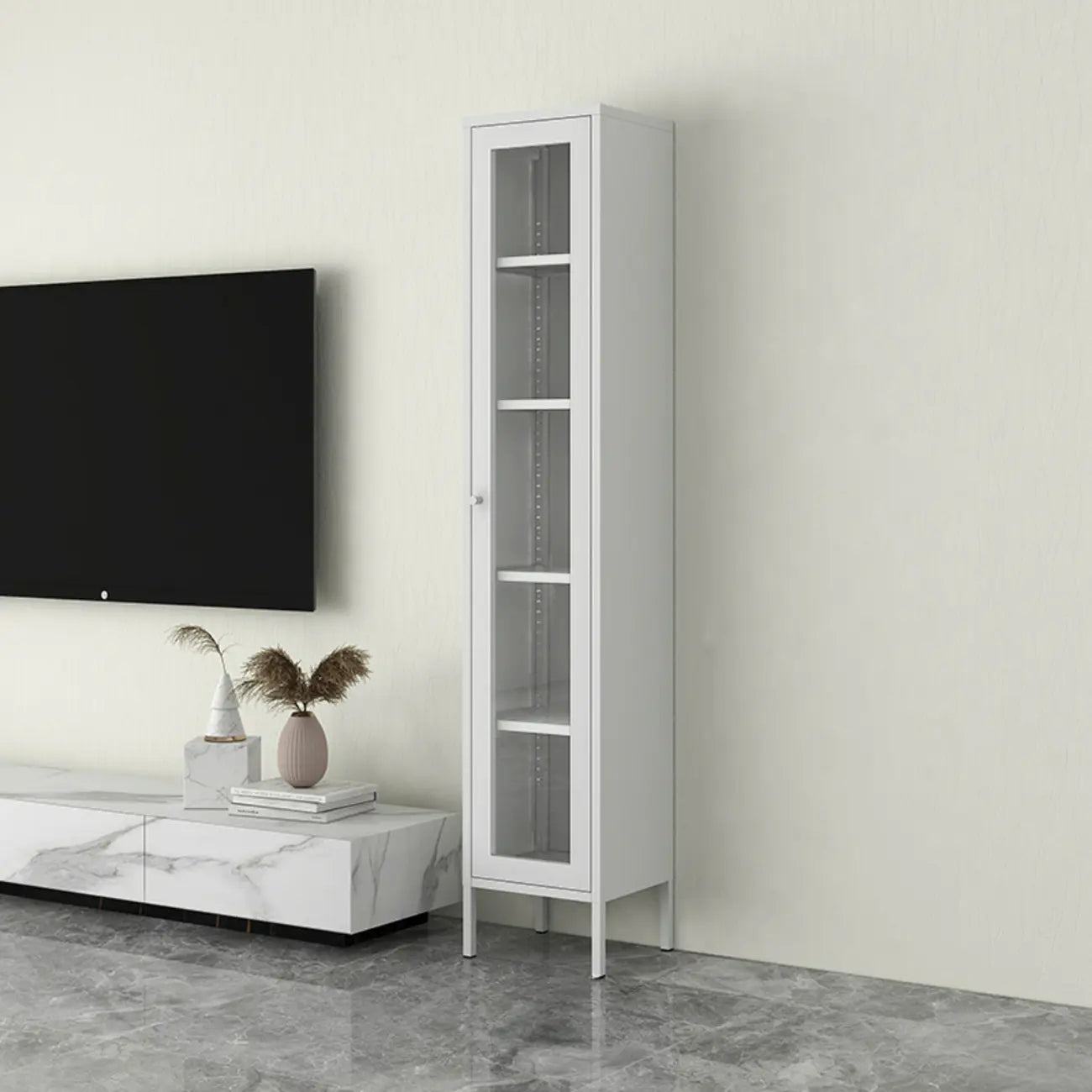 Modern Steel Glass Adjustable Shelves Display Storage Cabinet