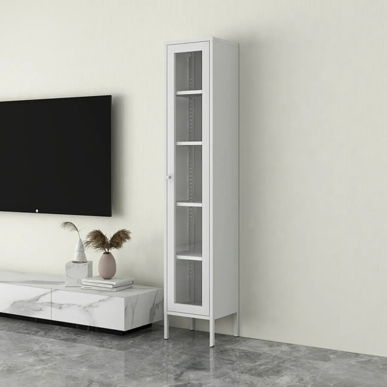 Modern Steel Glass Adjustable Shelves Display Storage Cabinet