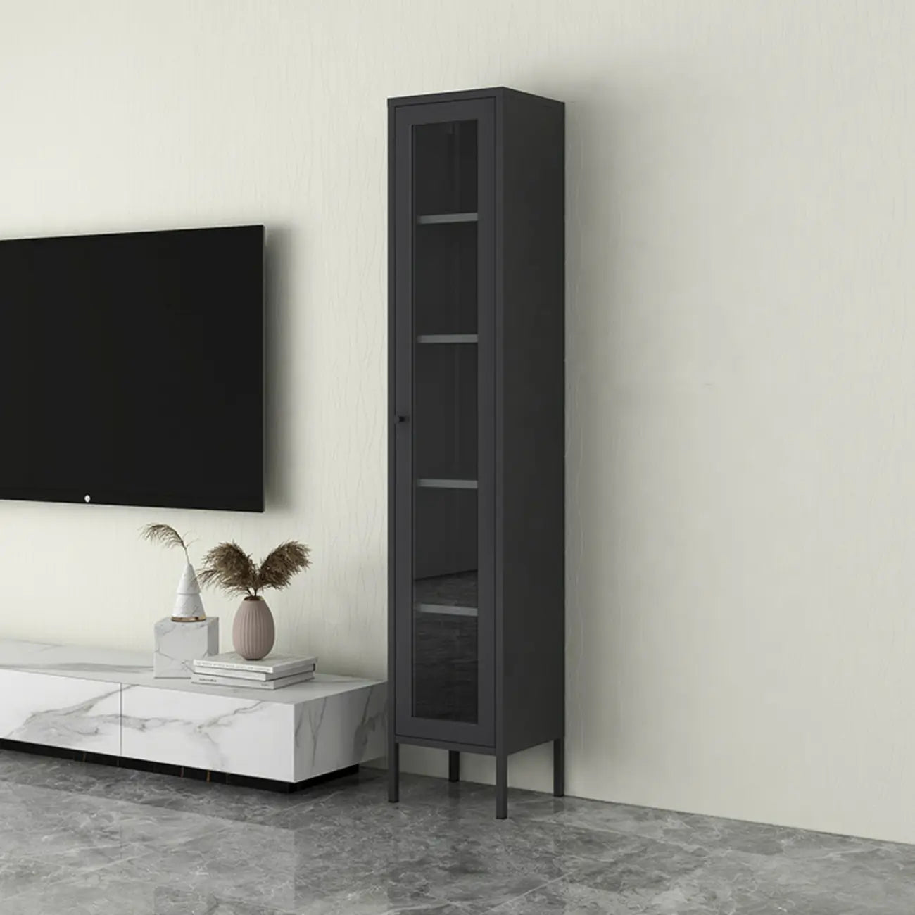 Modern Steel Glass Adjustable Shelves Display Storage Cabinet