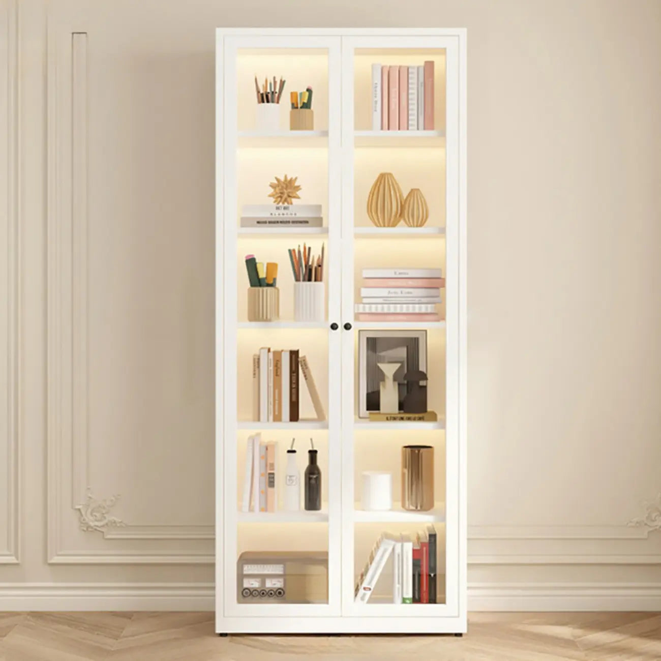 Modern Steel Glass Adjustable Shelves Display Storage Cabinet