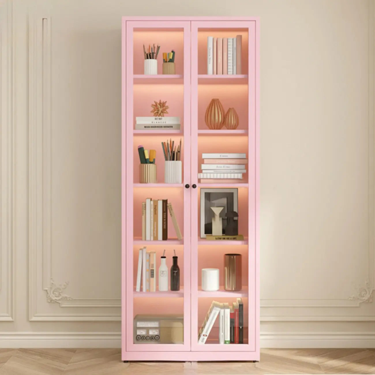 Modern Steel Glass Adjustable Shelves Display Storage Cabinet