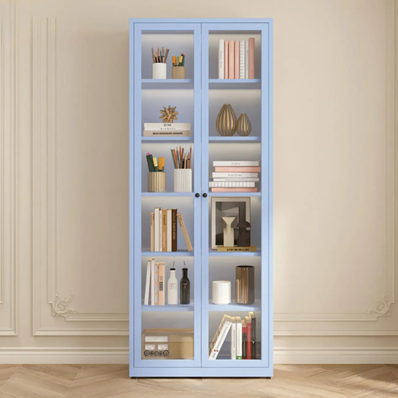 Modern Steel Glass Adjustable Shelves Display Storage Cabinet
