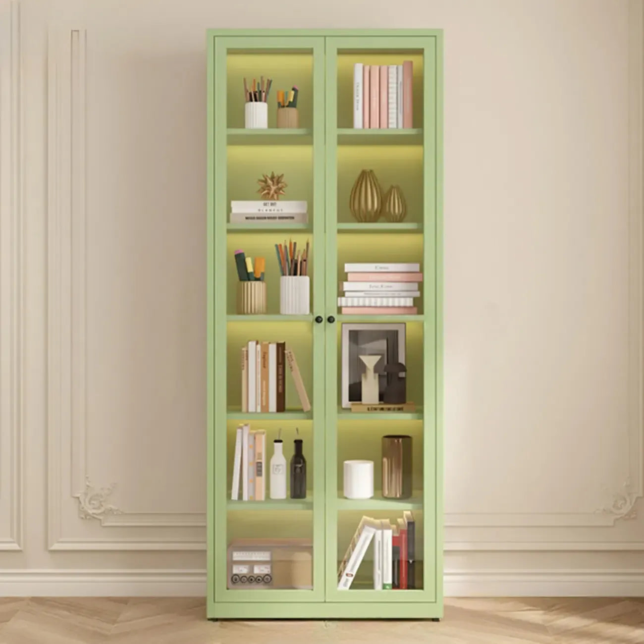 Modern Steel Glass Adjustable Shelves Display Storage Cabinet