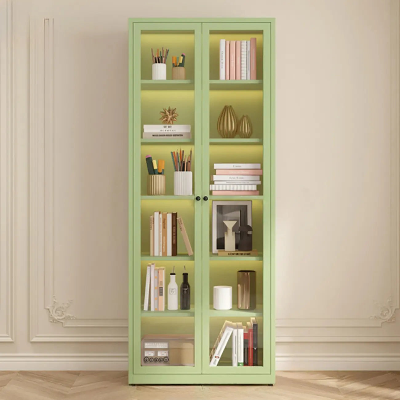 Modern Steel Glass Adjustable Shelves Display Storage Cabinet
