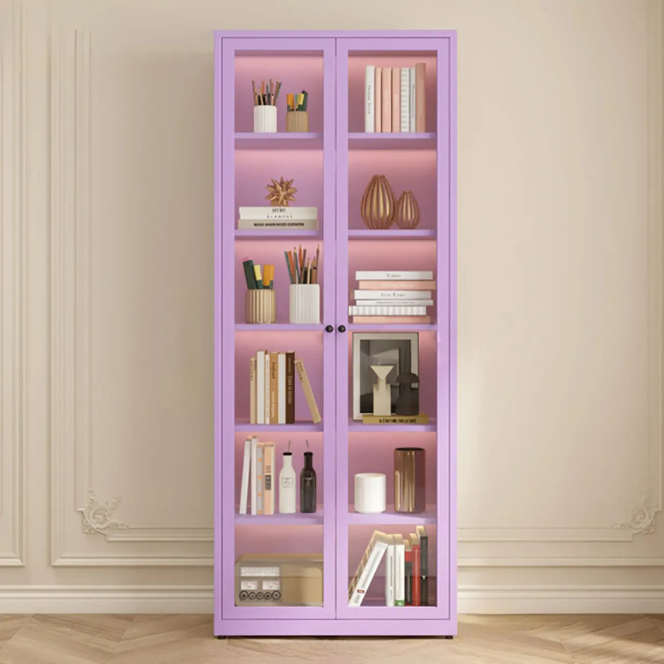 Modern Steel Glass Adjustable Shelves Display Storage Cabinet