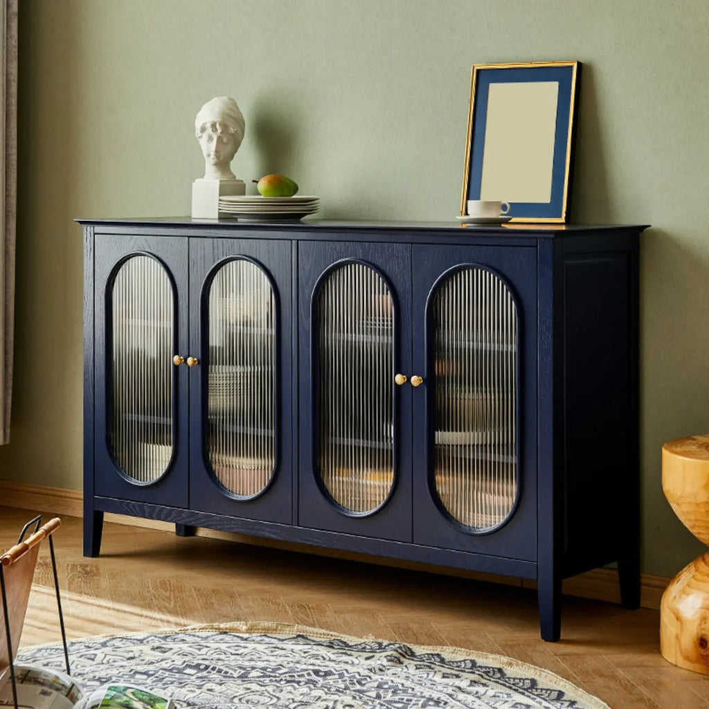Scandinavian Oak Wooden Oval Fluted Glass Utility Cabinet