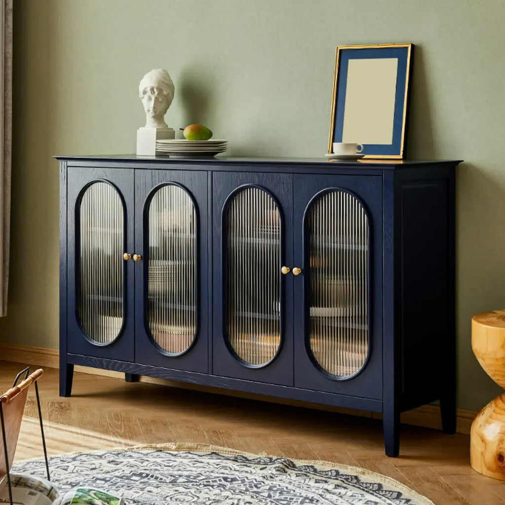 Scandinavian Oak Wooden Oval Fluted Glass Utility Cabinet